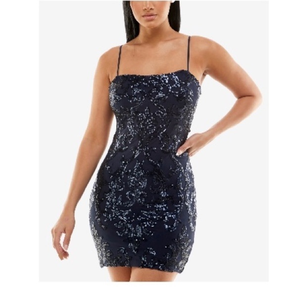B Darlin Juniors' Sequined, bodycon bow-Back Dress - Navy New 13/14 - Picture 1 of 9